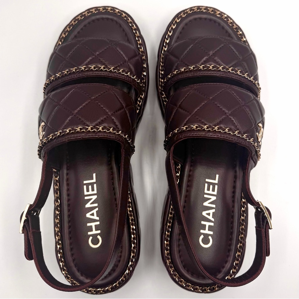 NEW Chanel 25A Coco Mark Burgundy Lambskin Quilted Leather CC Logo Platforms